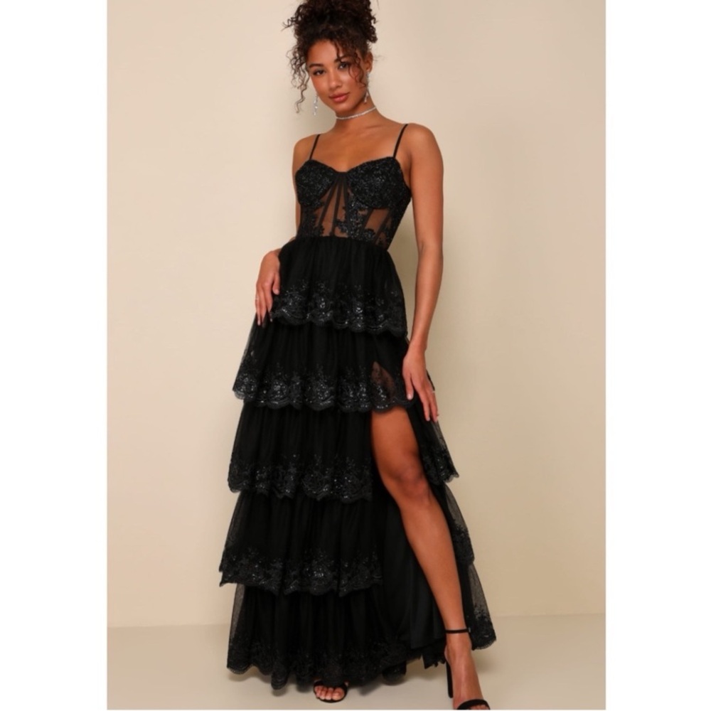 New Alluring Sensation Tiered Tulle Black Lace Maxi Dress  Sheer Bodice Sz XXS